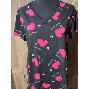 Women's Size Medium 8-10 Simply Basic Sleepwear Bee Mine Black With Pink Hearts